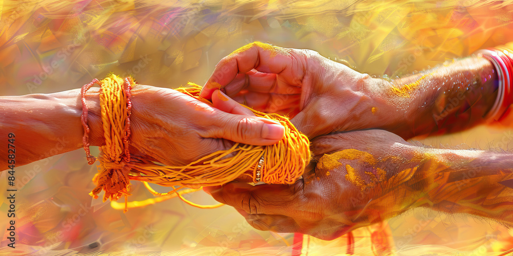 Tying a Sacred Thread: A close-up of hands tying a sacred thread around ...