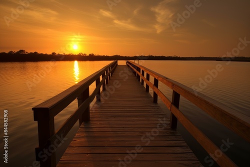 Warm sunset casts a glow over a tranquil lake with an inviting wooden dock stretching into the horizon