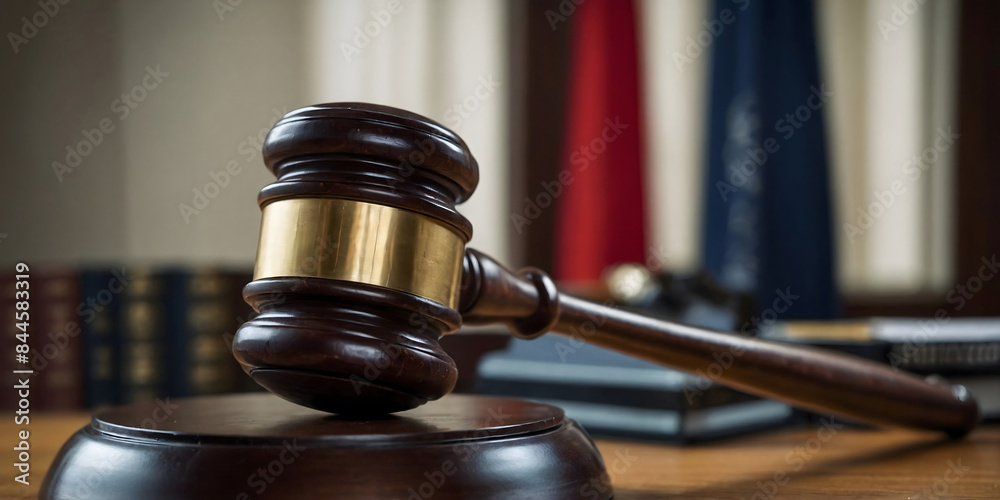 The concept of the court session.The court hammer is on the judge's desk. The concept of the court session.The court hammer is on the judge's desk.