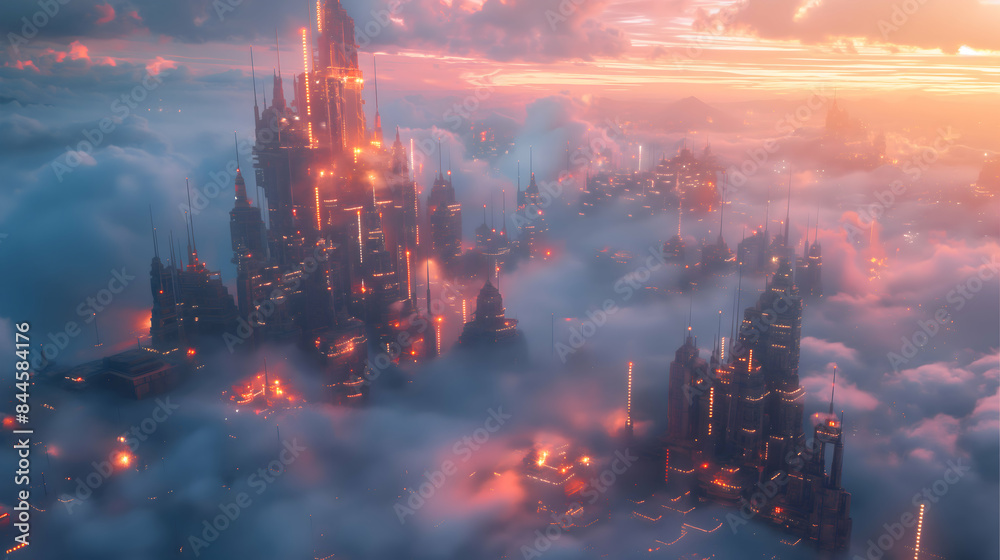 Fototapeta premium A floating city above the clouds with futuristic architecture