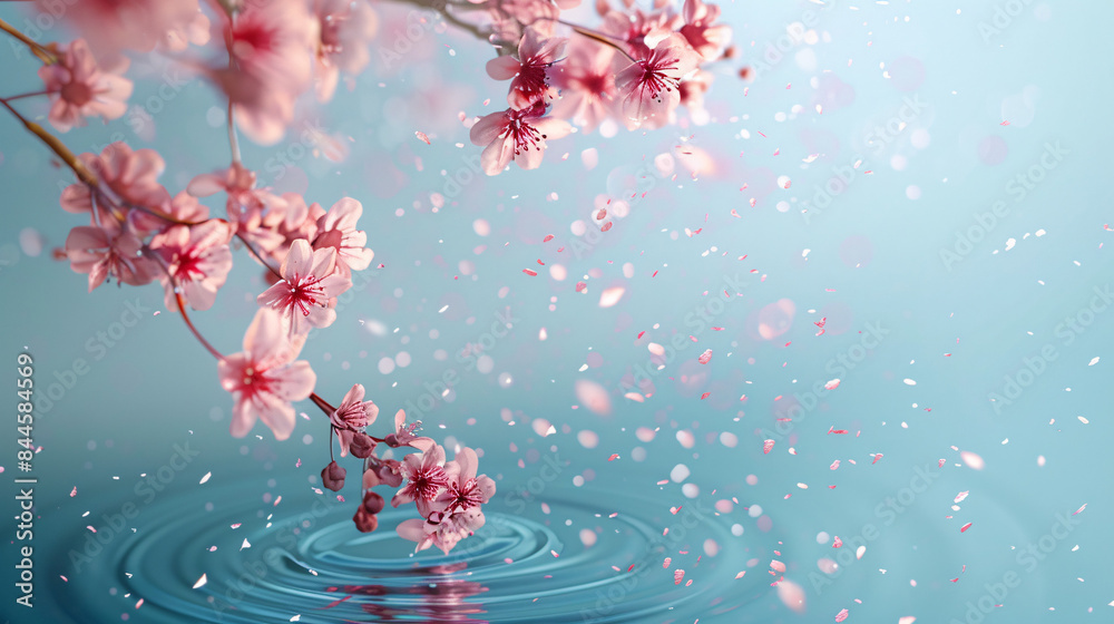 Cherry blossom branch with petals falling into calm water Cherry blossom branch with petals falling into calm water