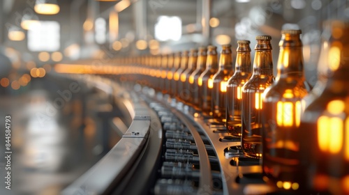 Production of brewing and bottling craft beer at a beer production plant. Conveyor with beer bottles.	
