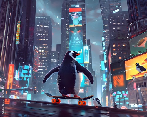 Illustration of Penguin riding a skateboard through a futuristic city, holographic advertisements and towering skyscrapers in the background. Ai Generate. photo