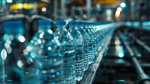 Production and bottling of clean and healthy water in a bottled water production plant. Conveyor with bottles.	

