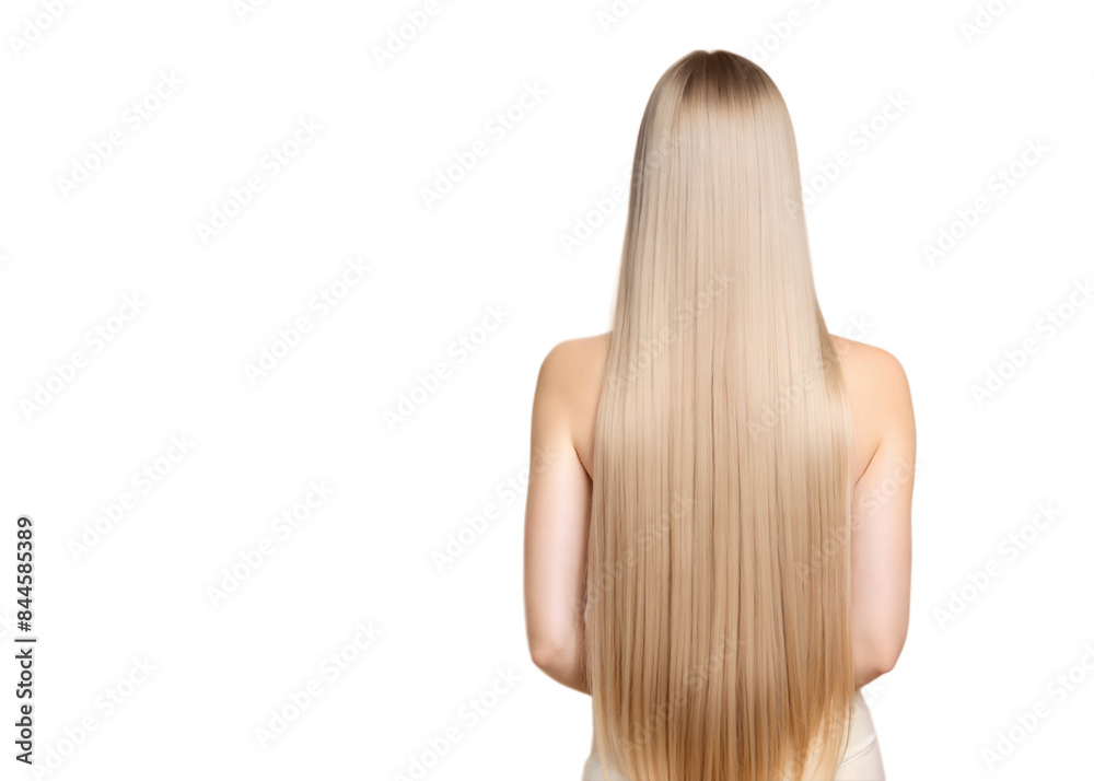 girl turn back has long, soft, silk, shine  hair and presenting with palm of hand, shows blank space for your promotion, looking at the camera, cool background
