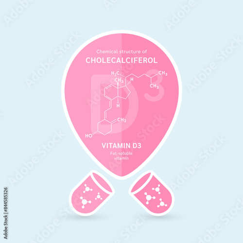 Chemical structure of Cholecalciferol or Vitamin D3. Fat-soluble vitamins. Essential fatty acid. Pin symbol floats out of the pink capsule. For use in design various products. Vector EPS10.