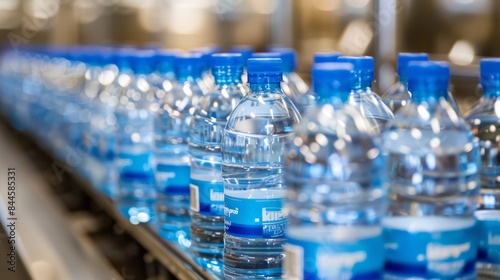 Production and bottling of clean and healthy water in a bottled water production plant. Conveyor with bottles.	
