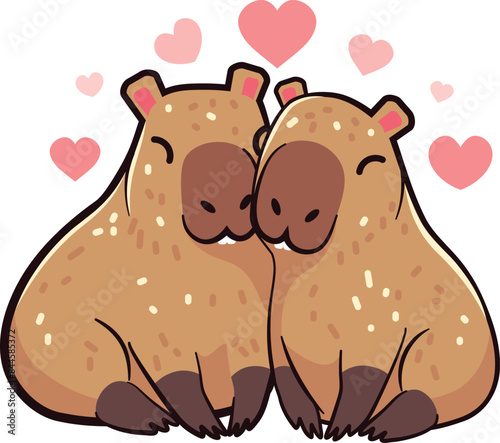 Couple of capybaras in love. Cute cartoon couple of capybaras with hearts, Valentine's day themed illustration.