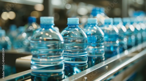 Production and bottling of clean and healthy water in a bottled water production plant. Conveyor with bottles.	
