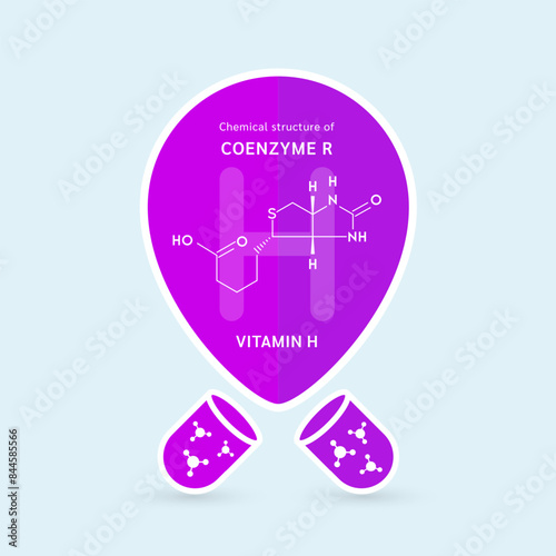 Chemical structure of Coenzyme R or Vitamin H. Essential fatty acid. Pin symbol floats out of the purple capsule. For use in design various products. Vector EPS10.