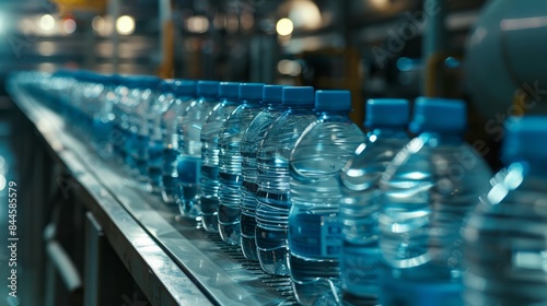 Production and bottling of clean and healthy water in a bottled water production plant. Conveyor with bottles.	
