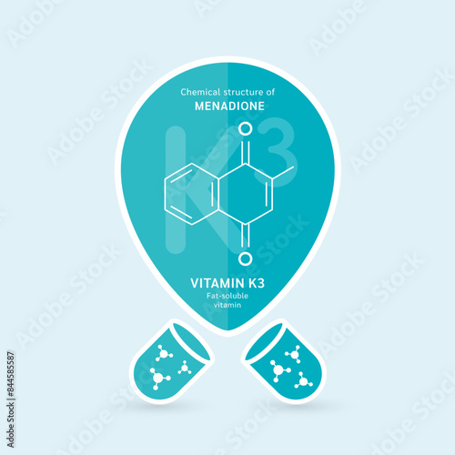 Chemical structure of Menadione or Vitamin K3. Fat soluble vitamins. Essential fatty acid. Pin symbol floats out of the blue capsule. For use in design various products. Vector EPS10.