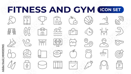 Set of fitness and wellness related line icons, wellbeing, mental health, healthcare, cosmetics, spa, medical. Outline icon collection.