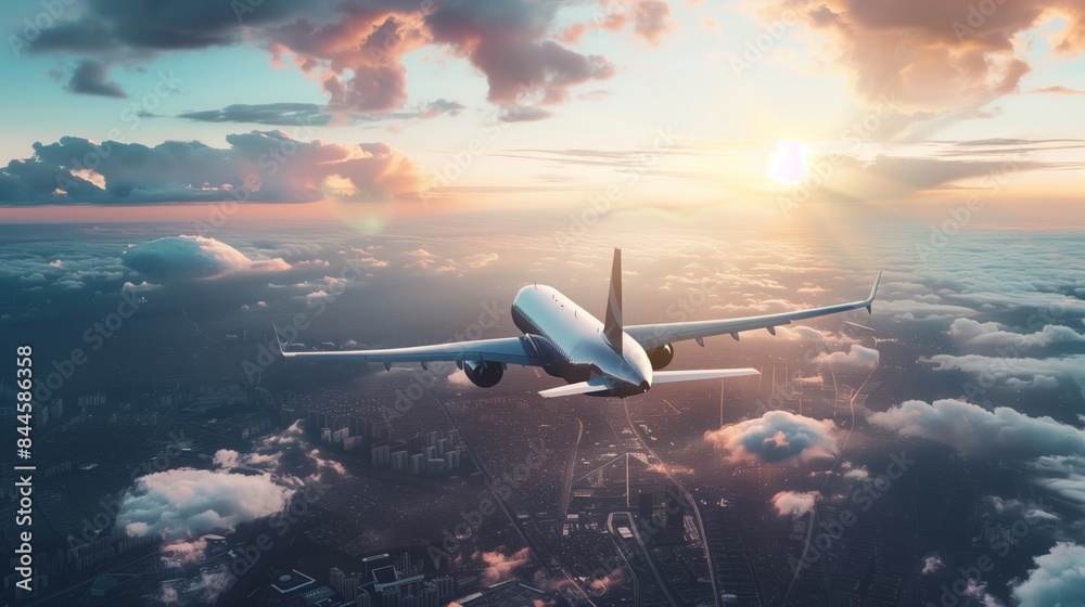 Naklejka premium Airplane Flying Above the City at Sunset, Capturing the Beauty of Aerial Travel with a Breathtaking View of the Urban Landscape and Colorful Sky