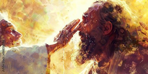 Anointing: A close-up of a religious leader anointing a person with oil, with pastel tones highlighting the ritualistic and spiritual nature of the act