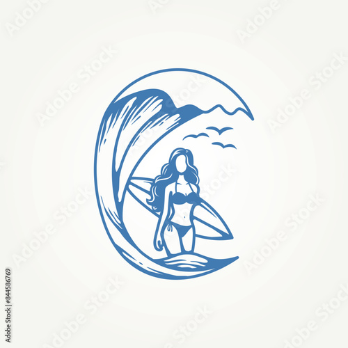 vintage surfer carrying a surfboard label logo vector illustration design. simple modern holiday, surf club, apparel design logo concept