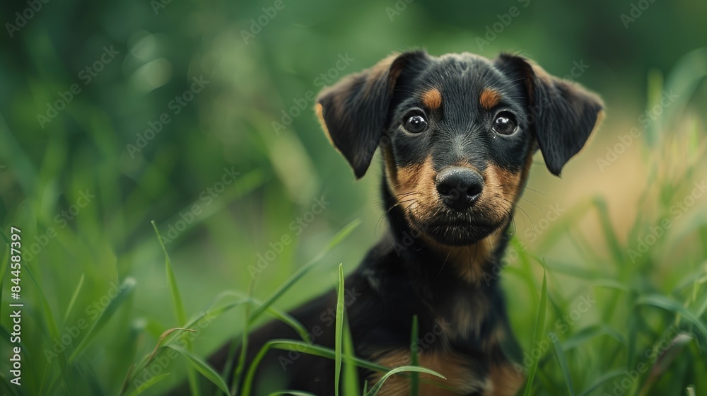 Green Grass Background with a Young Jagdterrier Puppy Green Grass Background with a Young Jagdterrier Puppy