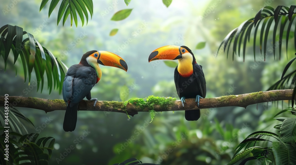 Naklejka premium Two vibrant toucan birds perch on a branch amidst lush rainforest greenery. The couple poses against a blurry backdrop, leaving ample space for your message.