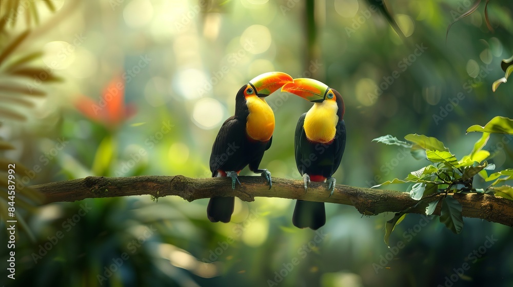 Two vibrant toucan birds perch on a branch amidst lush rainforest greenery. The couple poses against a blurry backdrop, leaving ample space for your message. Two vibrant toucan birds perch on a branch amidst lush rainforest greenery. The couple poses against a blurry backdrop, leaving ample space for your message.