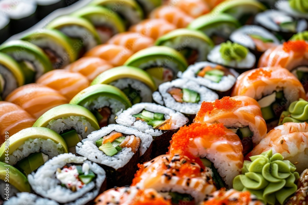 Fresh assorted sushi rolls with vegetables and seafood on white background, vibrant and delicious, perfect for gourmet dining and culinary delight Fresh assorted sushi rolls with vegetables and seafood on white background, vibrant and delicious, perfect for gourmet dining and culinary delight