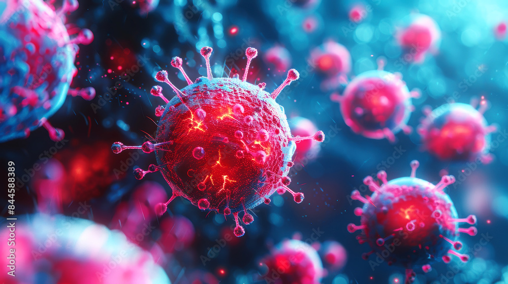 Macro of infected virus cells, dividing the body moving inside the body, visible through a microscope Macro of infected virus cells, dividing the body moving inside the body, visible through a microscope