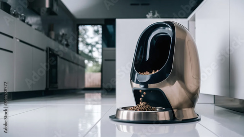 modern sleek automatic or automated pet food supplier server, on a kitchen floor, technology for pets photo