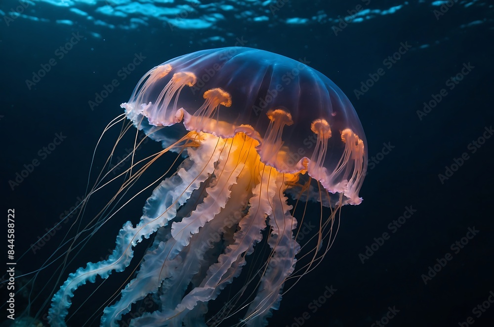 A luminous jellyfish, drifting in the dark depths of the ocean, its translucent body glowing softly with a mystical light, casting an enchanting aura in the mysterious underwater world.
