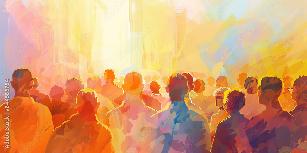custom made wallpaper toronto digitalCommunity Prayer: A group of people gathered for communal prayer, with pastel-colored surroundings enhancing the sense of unity and spirituality.