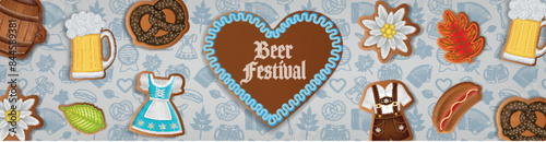 oktoberfest banner with gingerbread cookies and doodles. german beer festival banner with sweets
