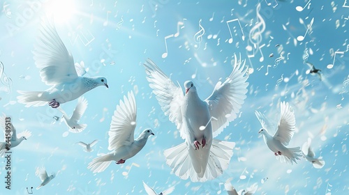 White doves soaring through the air, accompanied by musical notes. Birds singing melodiously high above, creating a surreal and breathtaking background. photo