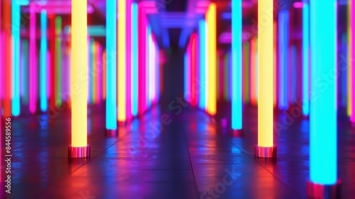 Vibrant neon pillars stretch into a blurred horizon dissipating into the darkness of a mystical labyrinth. .