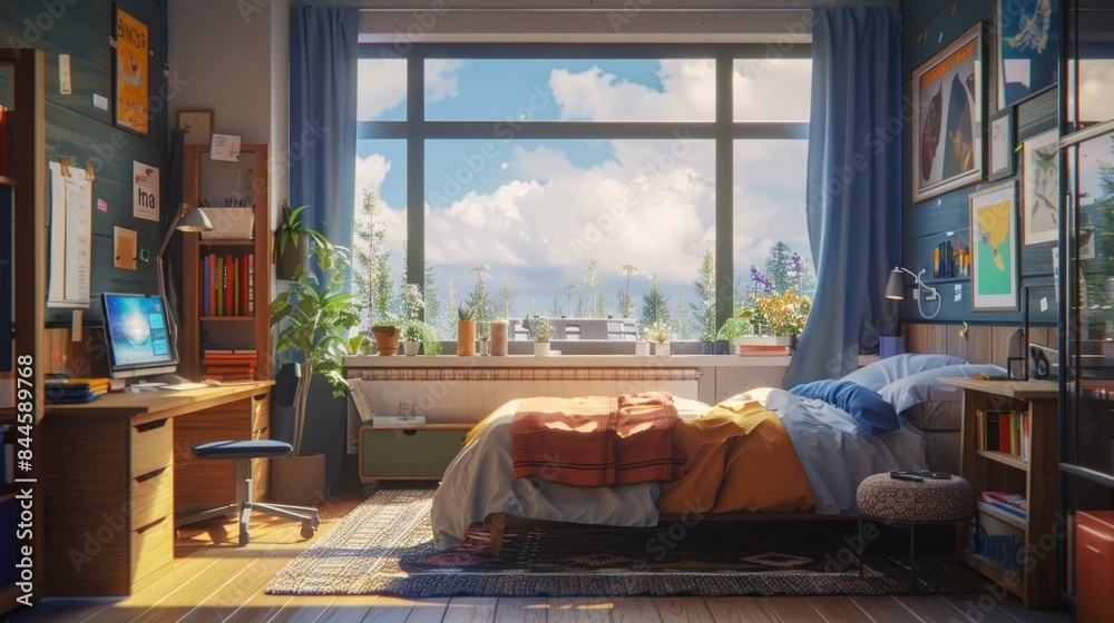 An stylish teenager's room interior featuring a spacious layout with a large window, cozy bed, and functional workspace. AI-generated. An stylish teenager's room interior featuring a spacious layout with a large window, cozy bed, and functional workspace. AI-generated.
