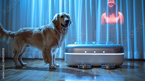 dog using next generation ai powered automatic dog food supplier dispenser with projected screen to communicate with their human caretaker owner
