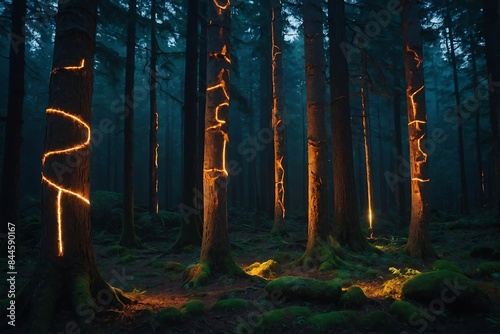 An ancient forest with glowing, mysterious runes on the trees, casting an ethereal light that illuminates the dense foliage and creates an atmosphere of magic and wonder.