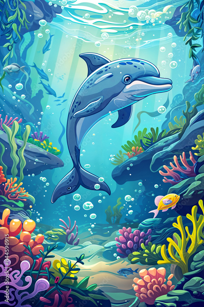 Fototapeta premium Drawing of a cute dolphin swimming in the water. Underwater life. Marine mammal. Aquatic animal. Children's illustration style