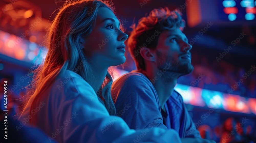 Captivated Audience Experiencing Vibrant Event Under Neon Lights Captivated Audience Experiencing Vibrant Event Under Neon Lights