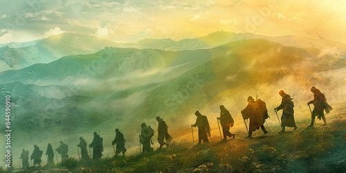 Pilgrimage: A group of pilgrims walking along a path, with pastel-colored landscapes in the background, symbolizing their journey of faith and devotion