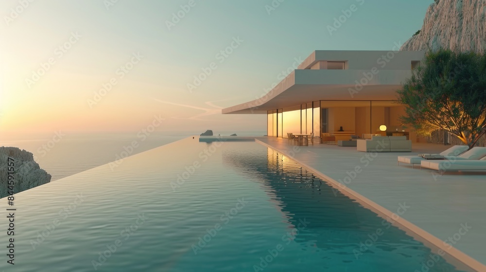 Luxury Infinity Pool at a Modern Coastal Villa at Sunset Luxury Infinity Pool at a Modern Coastal Villa at Sunset