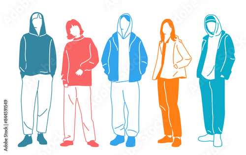 Group men and  women  stand, different colors, cartoon character, silhouettes standing  people, fashion hoodie; design concept of flat icon, hand draw vector illustration,isolated on white background