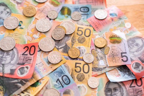 pile of assorted Australian currency including notes and coins