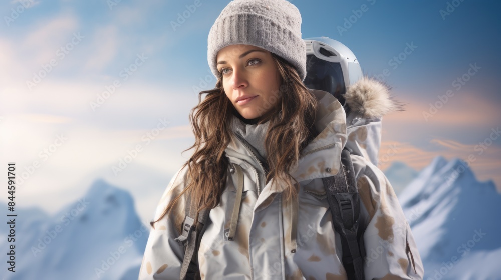 Winter Adventure: Female Hiker Against Majestic Snowy Mountain Backdrop Winter Adventure: Female Hiker Against Majestic Snowy Mountain Backdrop