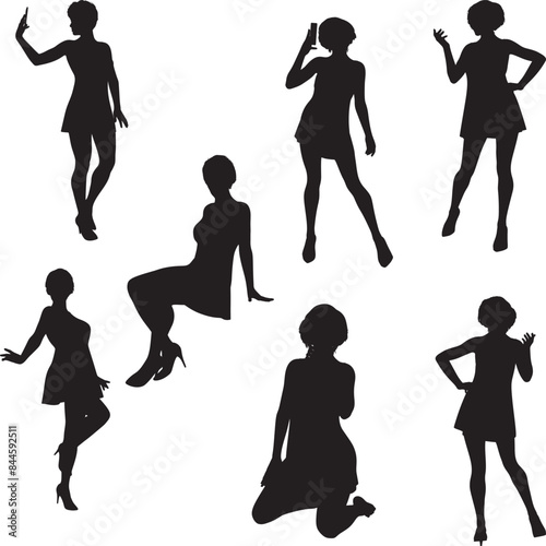 Silhouette of girl in short dress. Detailed silhouette of a woman in short dress and modern haircut.