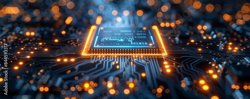 Close up of microchips representing futuristic technology. Information technology and AI concept