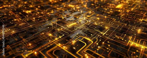 Close up of golden microchips representing futuristic technology. Information technology concept