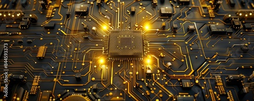 Top view of golden microchips representing futuristic technology. Information technology concept