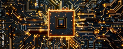 Top view of golden microchips representing futuristic technology. Information technology concept.