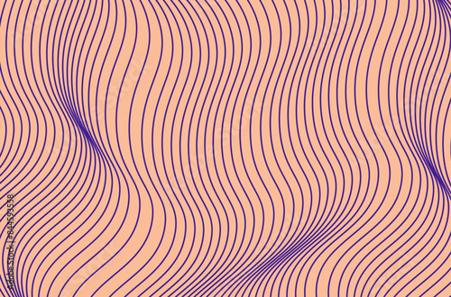 Abstract wavy lines of violet color over peach fuzz color background. Geometric pattern with distorted wavy lines. Background for wall art, web design, package, banner, poster, interior decor.