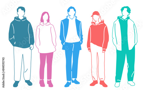Group men and  women  stand, different colors, cartoon character, silhouettes standing  people, fashion hoodie; design concept of flat icon, hand draw vector illustration,isolated on white background