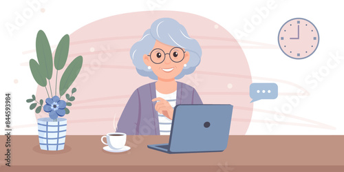 Happy Senior woman with laptop about the table with coffee and flower. Freelancer working online or person studying online. Vector flat illustration