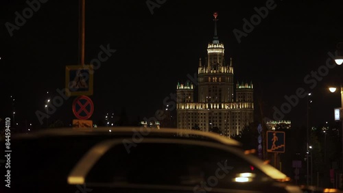 Night View on Kotelnicheskaya Embankment Building, One of Moscow's Iconic Seven Sisters Skyscrapers 